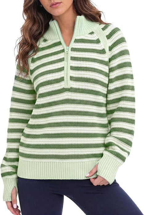 Fisoew Sweaters for Women Half Zip Striped Pullover Ribbed Knit Tops | Amazon (US)