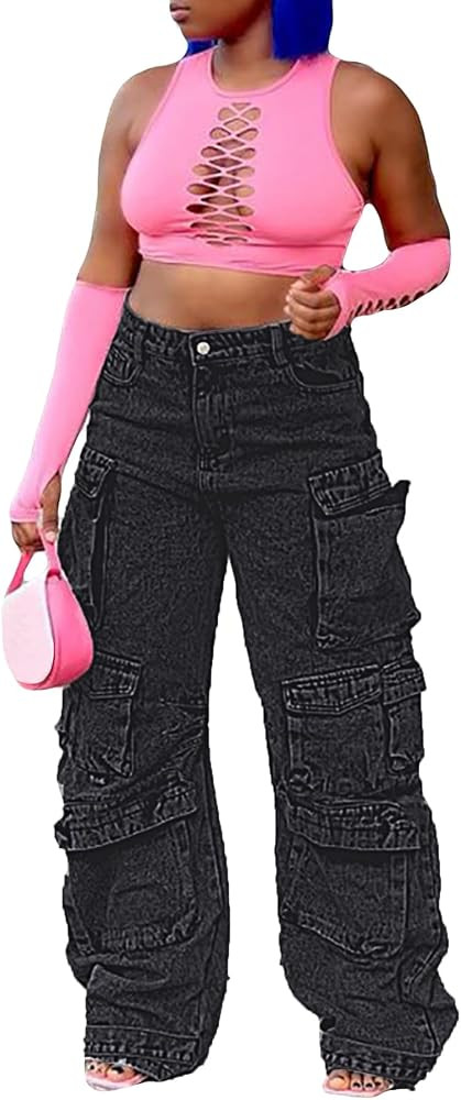 LKOUS Women's Cargo Baggy Straight Y2K High Waist Wide Leg Denim Jeans | Amazon (US)