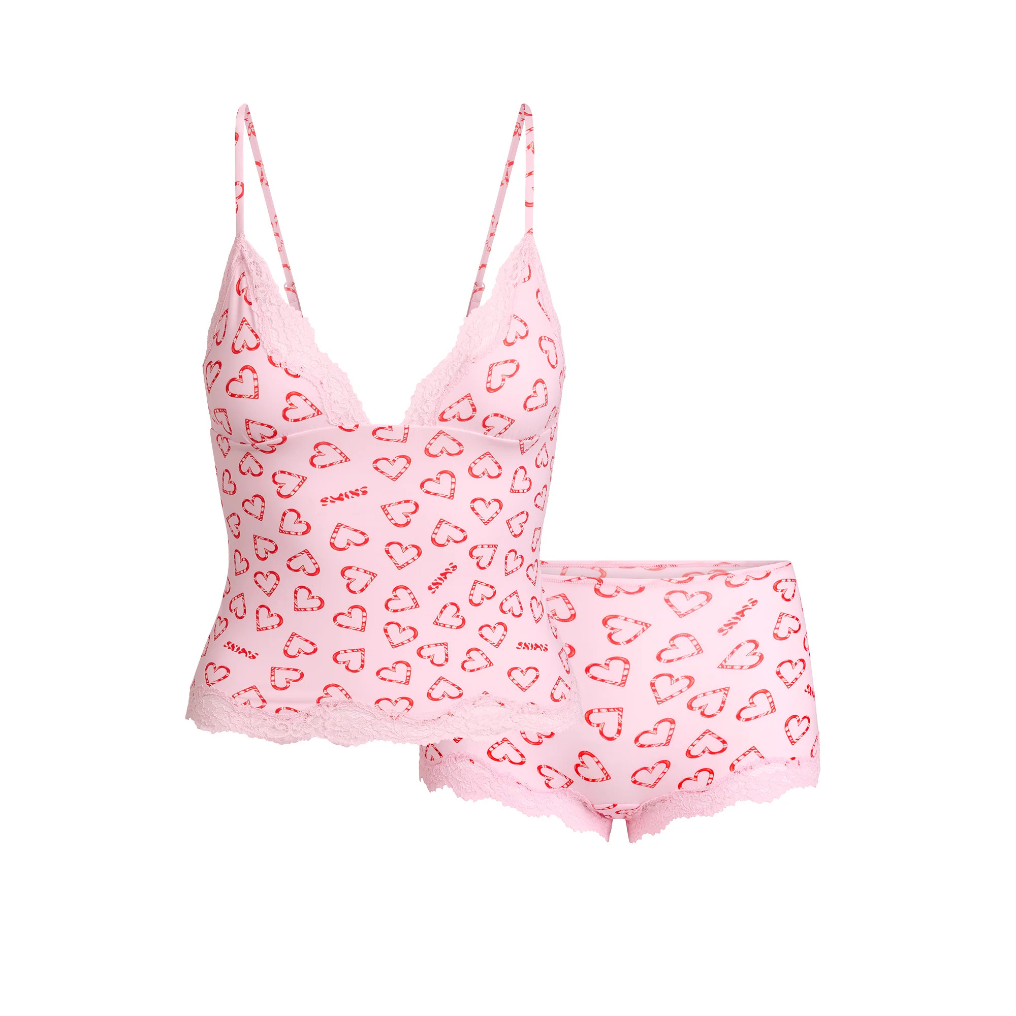 FITS EVERYBODY LACE TRIANGLE CAMI AND BOY SHORT SET | CHERRY BLOSSOM CANDY HEART PRINT | SKIMS (US)
