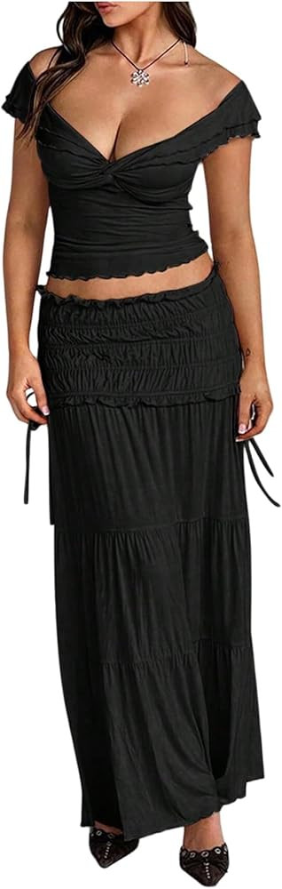 SOLY HUX Women's 2 Piece Skirt Sets Twist Off the Shoulder Crop Tops and Ruffle Maxi Skirt Vacati... | Amazon (US)