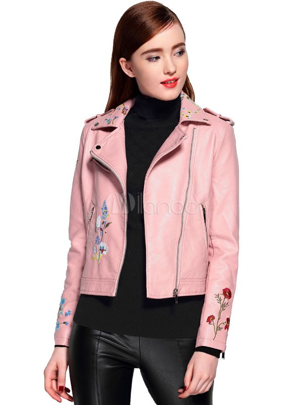 Pink Leather Jacket Women Turndown Collar Long Sleeve Moto Jacket | Milanoo