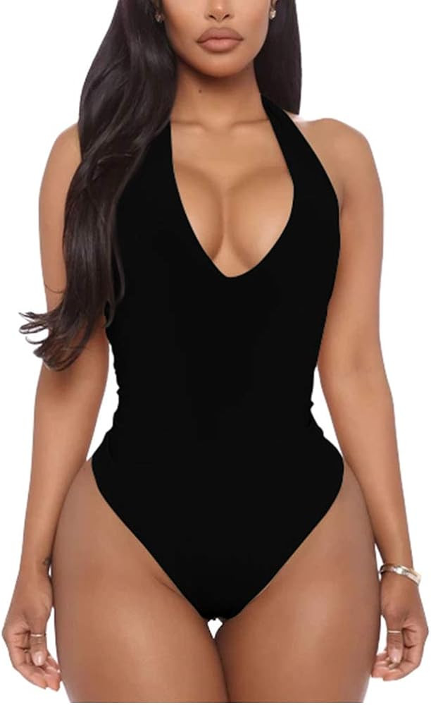 YMDUCH Women's Sexy Sleeveless Halter V Neck Backless Leotard Bodysuit Tops | Amazon (US)
