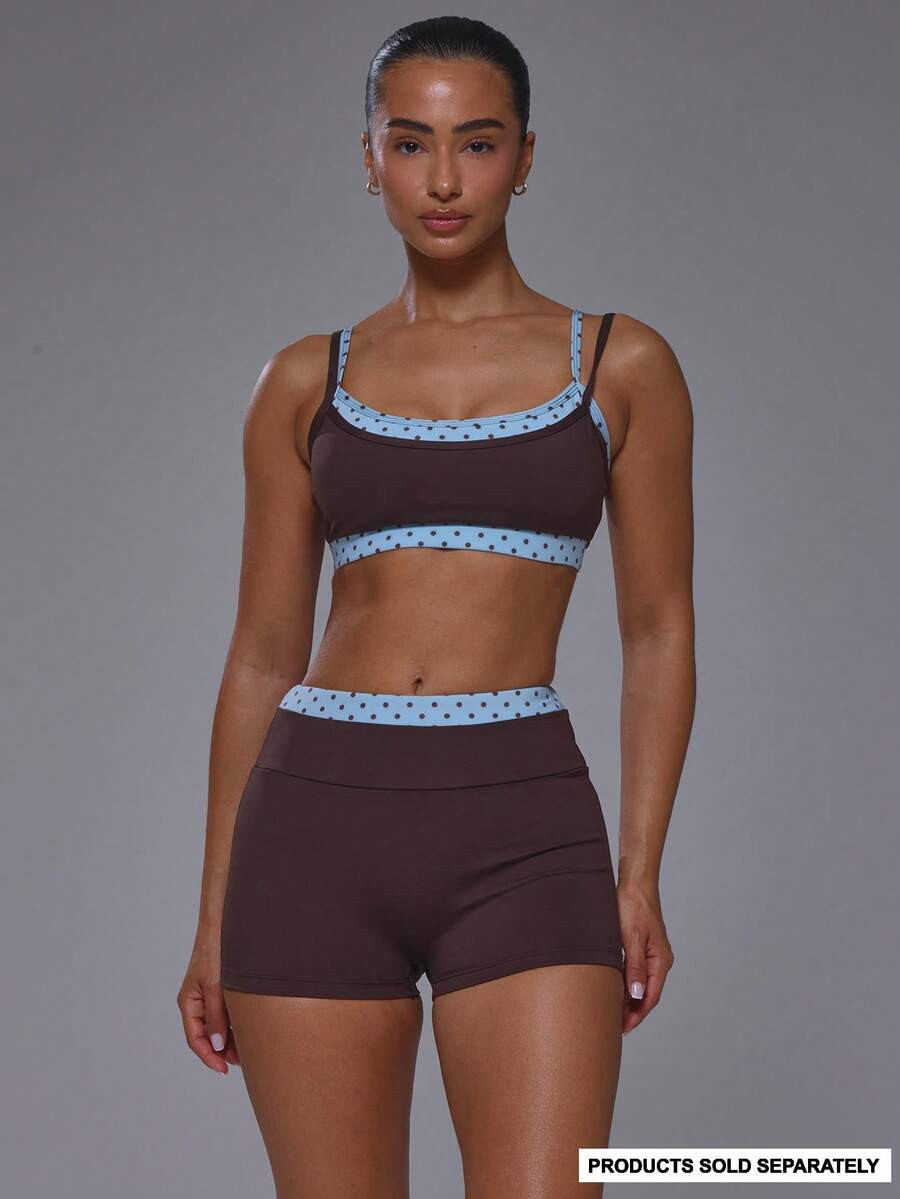 Musera Sport Double Layered Contrast Colour Blue Polka Dot Scoop Neck Strappy Adjustable Sports B... | SHEIN