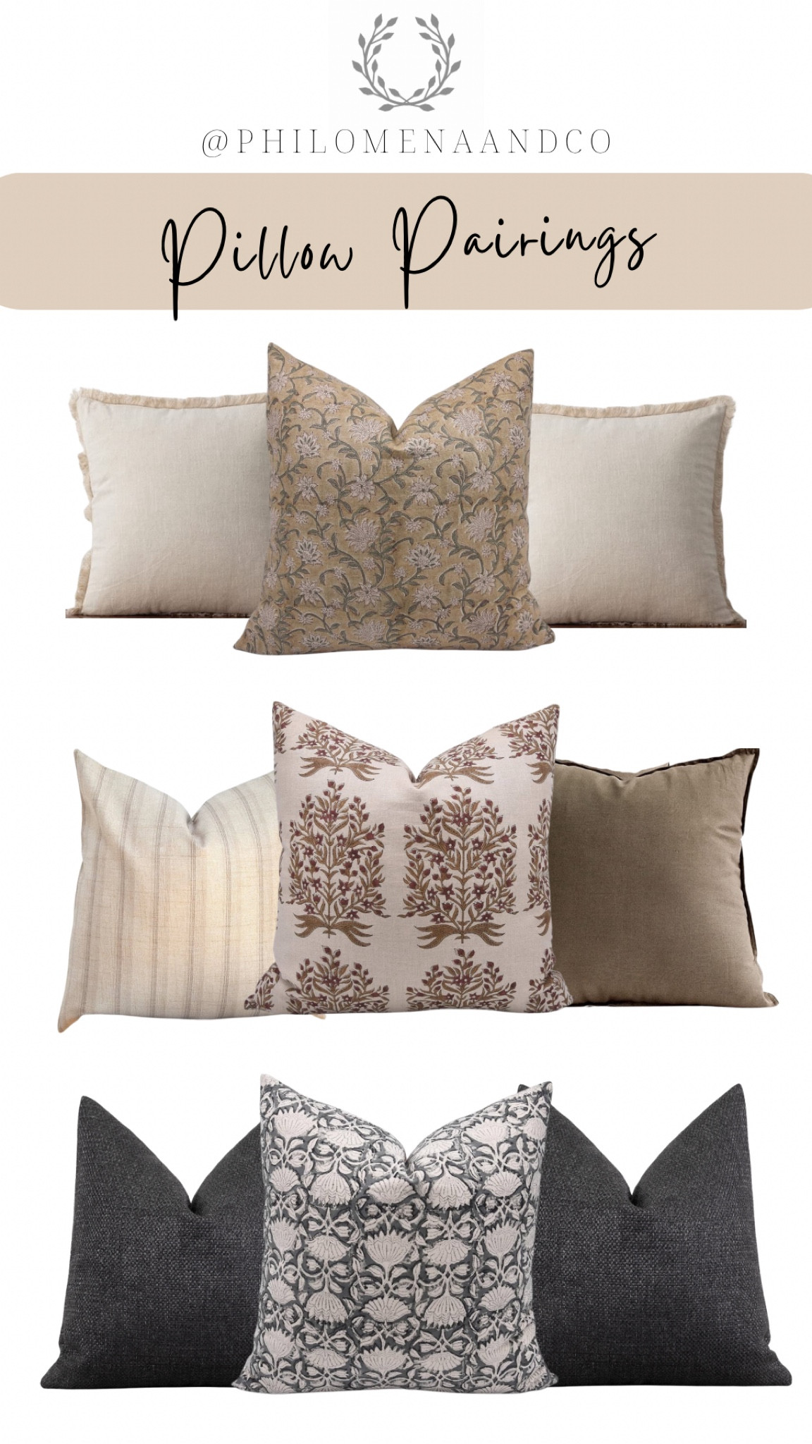 Pillow pairings, pillow cover, pillow covers, floral block print pillow, throw pillow, throw pillows, pillow combo, pillow combinations, neutral pillows, moody pillows, home

#LTKhome #LTKfindsunder100 #LTKfindsunder50