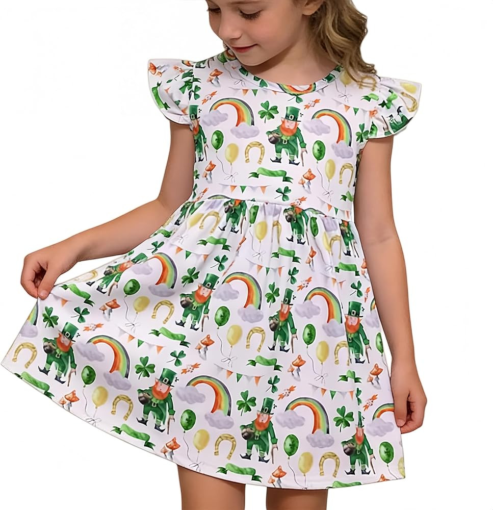 Baby Toddler Little Girls St. Patricks Day Shamrock Clover Pearl Flutter Sleeve Dress | Amazon (US)
