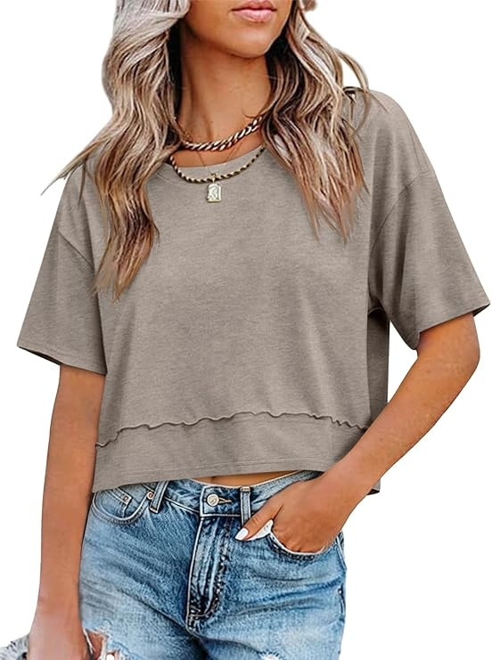 UNCLECAT Womens Short Sleeve Cropped T Shirts Crew Neck Trendy Tops Casual Solid Loose Fit Basic ... | Amazon (US)