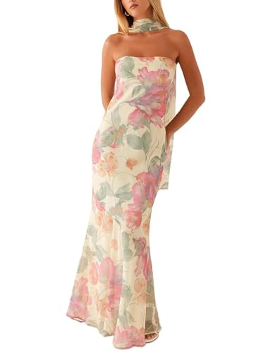 Women Strapless Floral Long Dress with Sarf Mesh Tube Maxi Dress Summer Cocktail Party Wedding Gu... | Amazon (US)