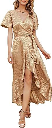 Miessial Women's Summer Chiffon V Neck Ruffle Maxi Dress Polka Dot Long Beach Wrap Dress | Amazon (US)