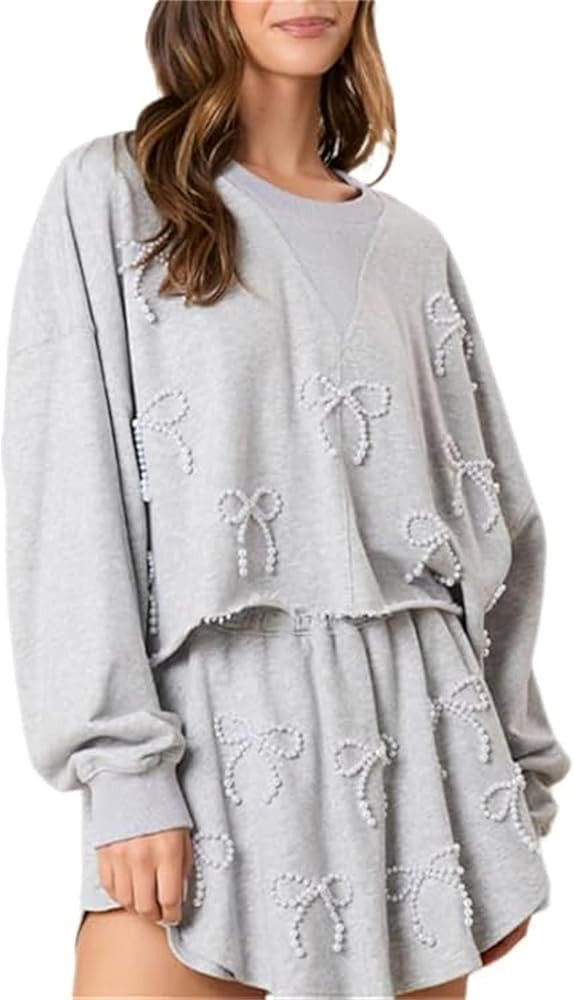Thopavenoir Women 2 Piece Pearl Bow Sets Long Sleeve Crew Neck Sweatshirt + Wide Leg Baggy Shorts... | Amazon (US)
