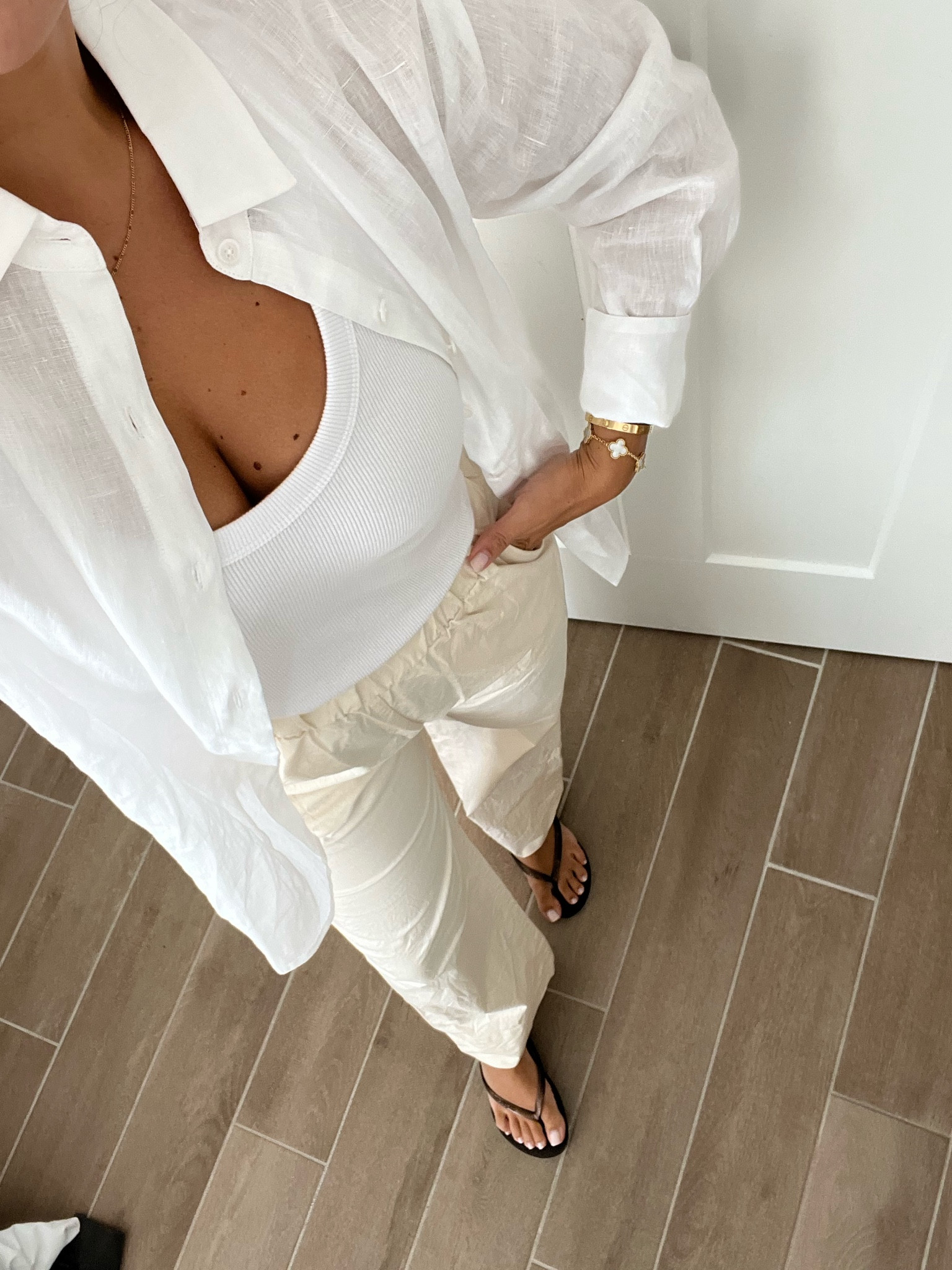 Easy ootd, linen top, basic white tank. Slip on pants 