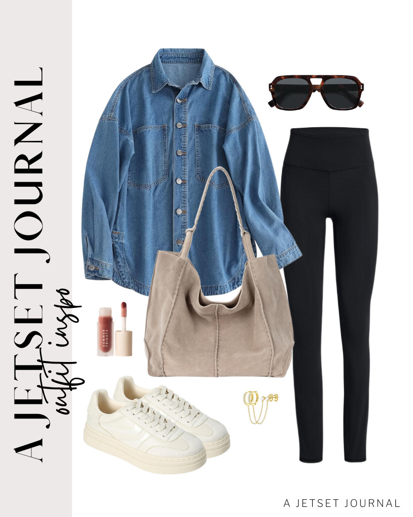 For a sky blue button-down denim shirt and SINOPHANT leggings combination, you can use a The Sak Los Feliz tote bag and step into these Project Cloud platform sneakers. These small stud earrings set from Besteel are perfect for this fit, too. 

 #LTKSeasonal #LTKSaleAlert #LTKTravel