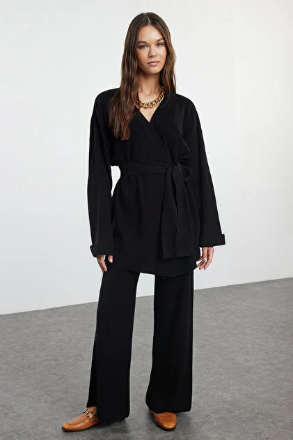 Trendyol Collection Schwarzes Midi-Länge-Strick-Unter-Oberteil-Set mit Gürtel TWOAW25AU00027- T... | Trendyol DE