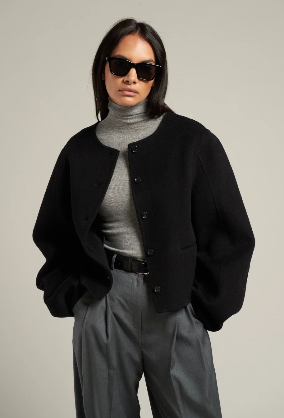 Esme Wool Collarless Cropped Jacket Black | Marcela London