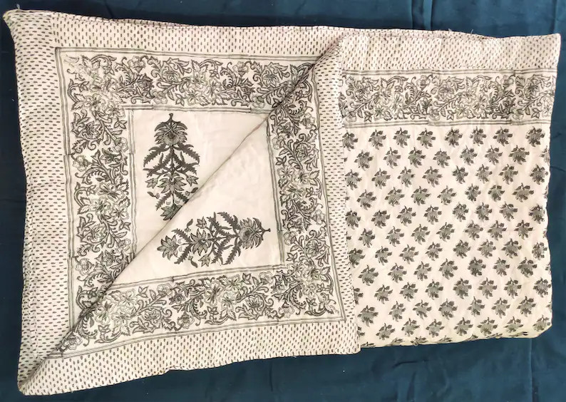 Reversible Grey Jaipuri Razai, Hand Block Printed Kantha Quilt, Floral Lightweight Soft Quilt, 10... | Etsy (US)