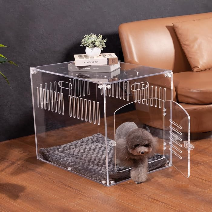 Clear Acrylic Dog Crate Furniture, Modern Transparent Indoor Dog Kennel End Table with Cushion & ... | Amazon (US)