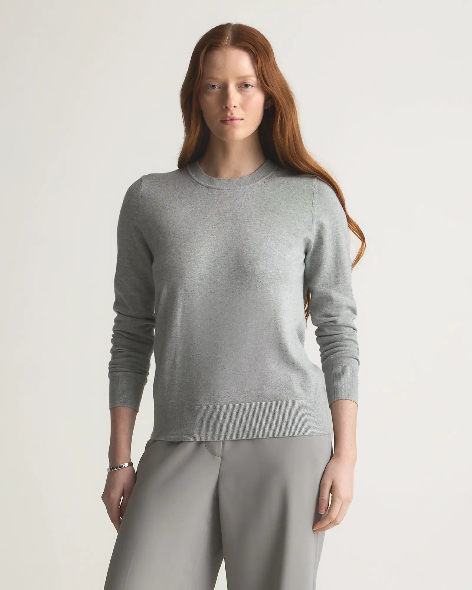 Lightweight Cotton Cashmere Crew Sweater  in Heather Grey | Quince