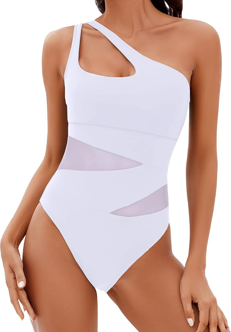 BMJL Women's Sexy One Shoulder Swimsuits Tummy Control One Piece Bathing Suit Mesh Cutout Swimwea... | Amazon (US)