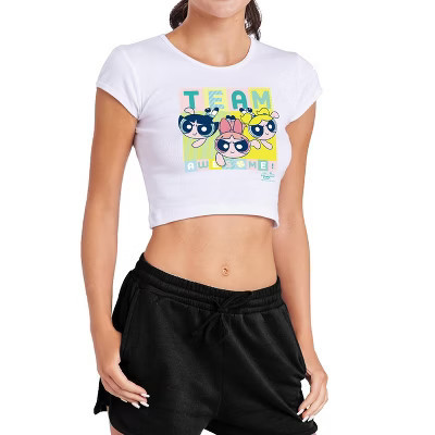 Women's Powerpuff Girls Team Awesome Cap Sleeve Baby Rib Crop Top White Small | Target