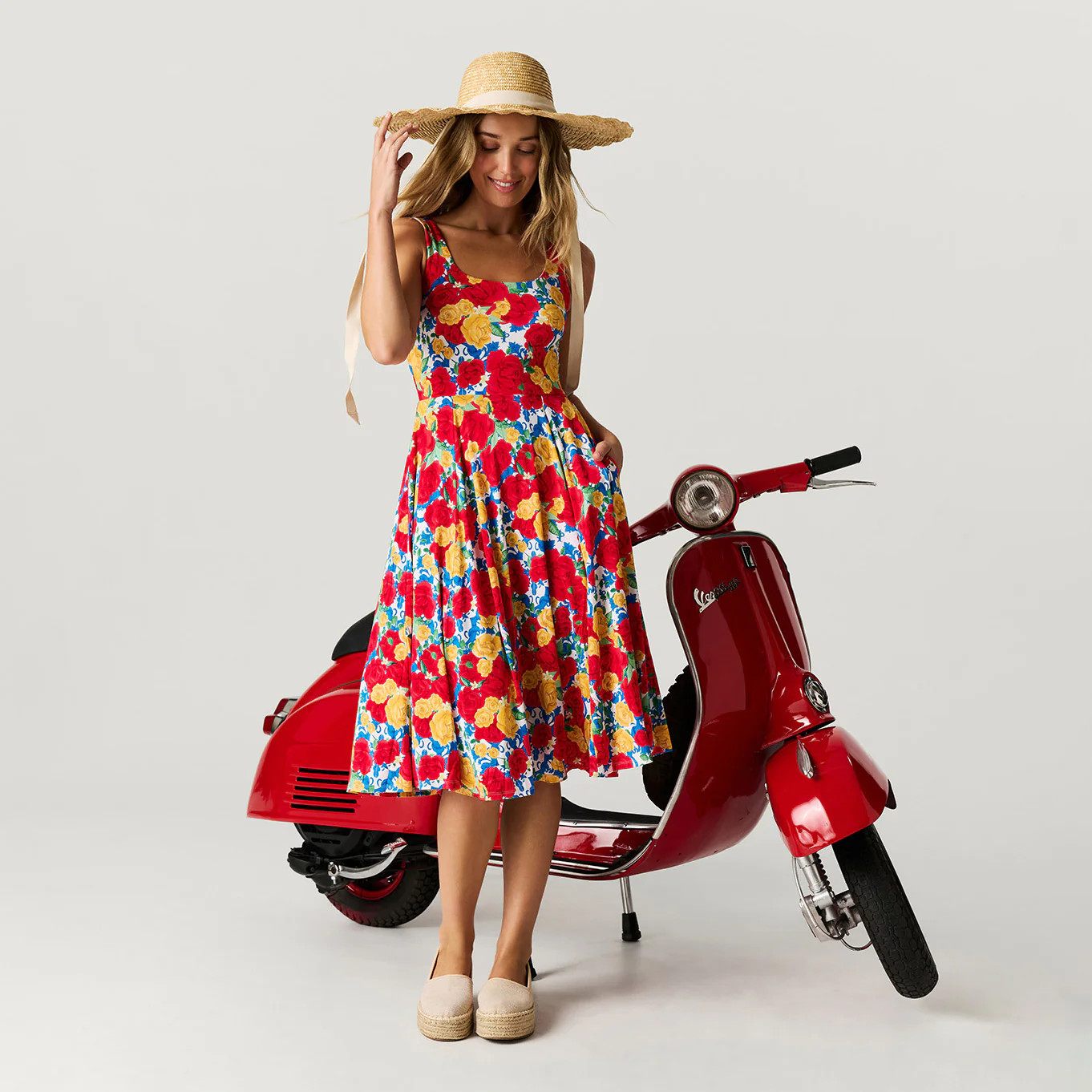 Floral White Women's Midi Flare Dress | Valentina | Posh Peanut