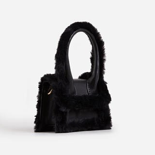 Marinda Faux Fur Trim Top Handle Mini Grab Bag In Black Faux Leather | EGO Shoes (US & Canada)