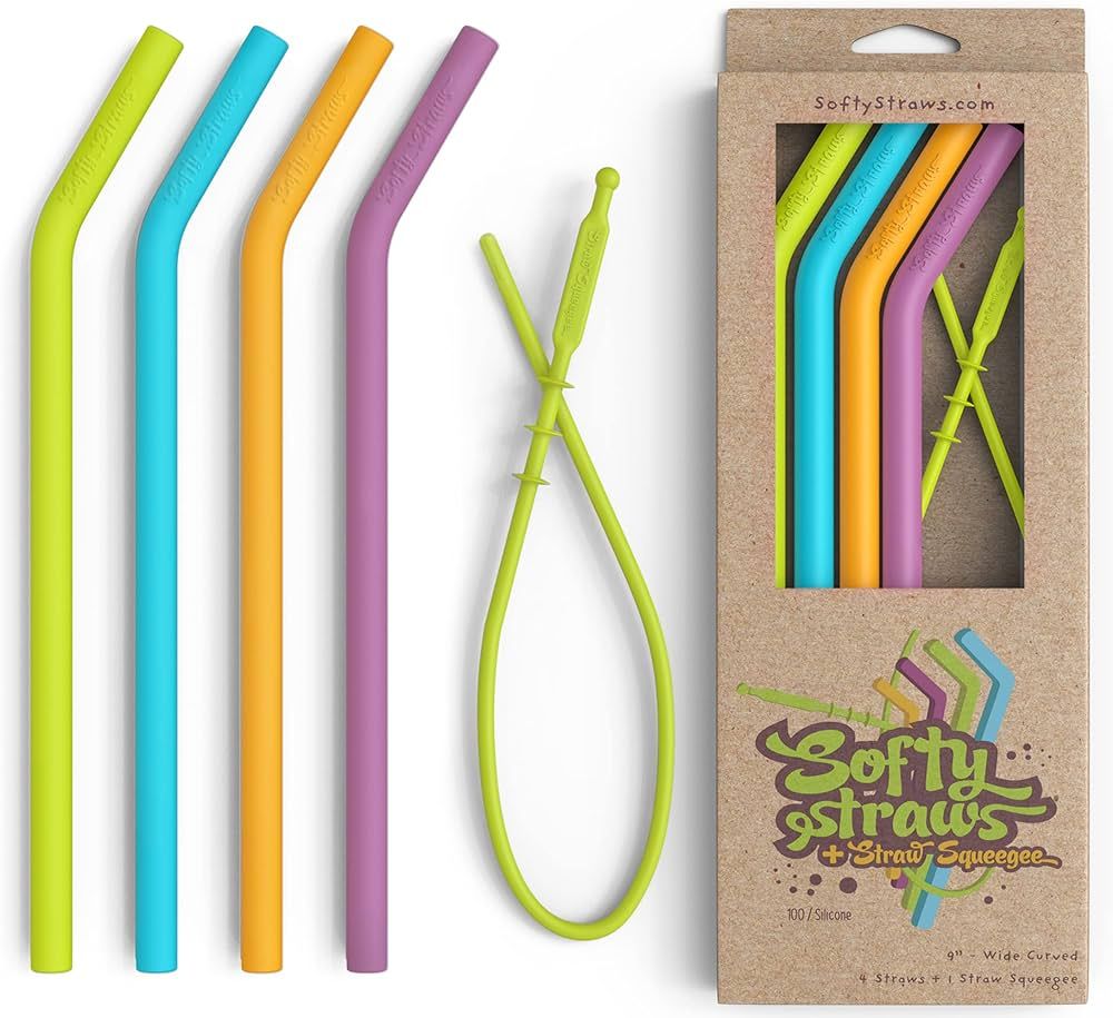 Softy Straws Premium Reusable Silicone Drinking Straws + Patented Straw Squeegee - 9” Long With... | Amazon (US)