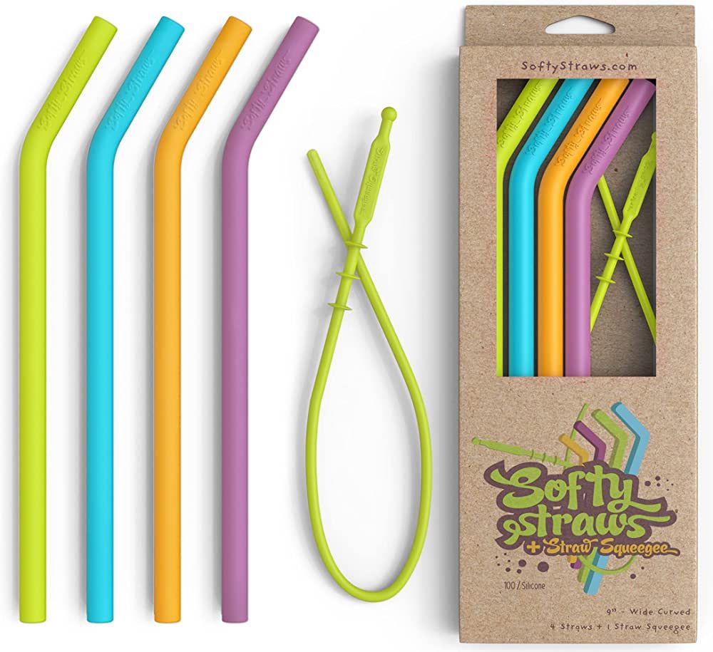 Softy Straws Premium Reusable Silicone Drinking Straws + Patented Straw Squeegee - 9” Long With... | Amazon (US)