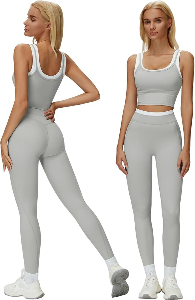 Women 2 Piece Workout Sets Racerback Color Block Tank Tops High Waist Tummy Control Active Leggin... | Amazon (US)