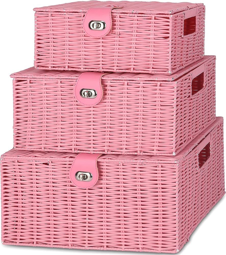 Honygebia Pink Wicker Storage Baskets - Set of 3 Decorative Nesting Boxes with Lids, Woven Basket... | Amazon (US)