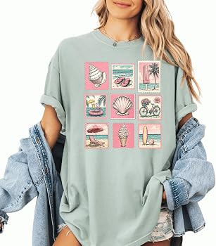 Garment Dyed Beach Shirt Vintage Summer Graphic Tee Coastal Aesthetic Seashell Flip Flop Ice Crea... | Amazon (US)