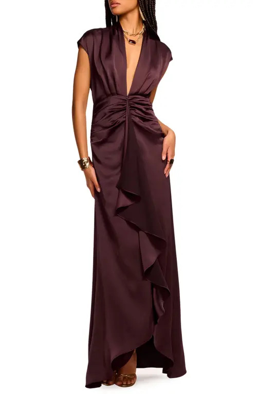 Ramy Brook Catrin Plunge Neck Center Ruched Satin Gown in Blackberry at Nordstrom, Size 6 | Nordstrom
