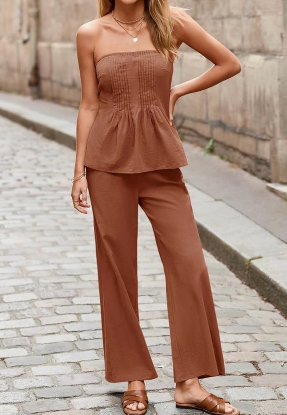 The easiest summer outfit when you want to look put together with almost zero effort. ☀️ This strapless tube top and wide leg pant set has that breezy vacation feel with soft pleated cotton texture that works for resort days, beach dinners, travel outfits, brunch, lounging, or warm-weather errands. 

Add this matching set to your cart now if you want one outfit that already looks styled. 🤎🍋🪿🥖🍨🫒

#LTKTravel #LTKSeasonal #LTKMidsize