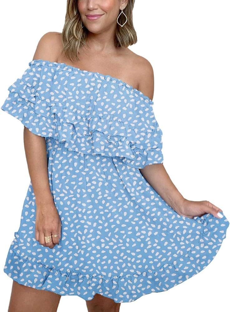 KIRUNDO 2021 Summer Women’s Off Shoulder Mini Dress Polka Dot High Waist Half Sleeves Swing Ruf... | Amazon (US)
