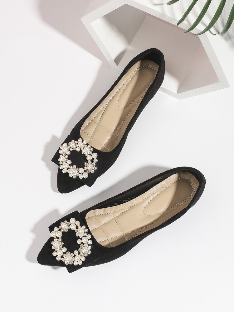 Rhinestone & Faux Pearl Decor Faux Suede Ballet Flats | SHEIN