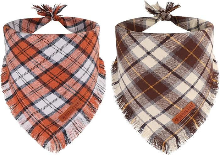 ADOGGYGO Fall Dog Bandanas with Tassels Edges, Orange Brown Plaid Scarf Bib, Multi Size, Fall Tha... | Amazon (US)