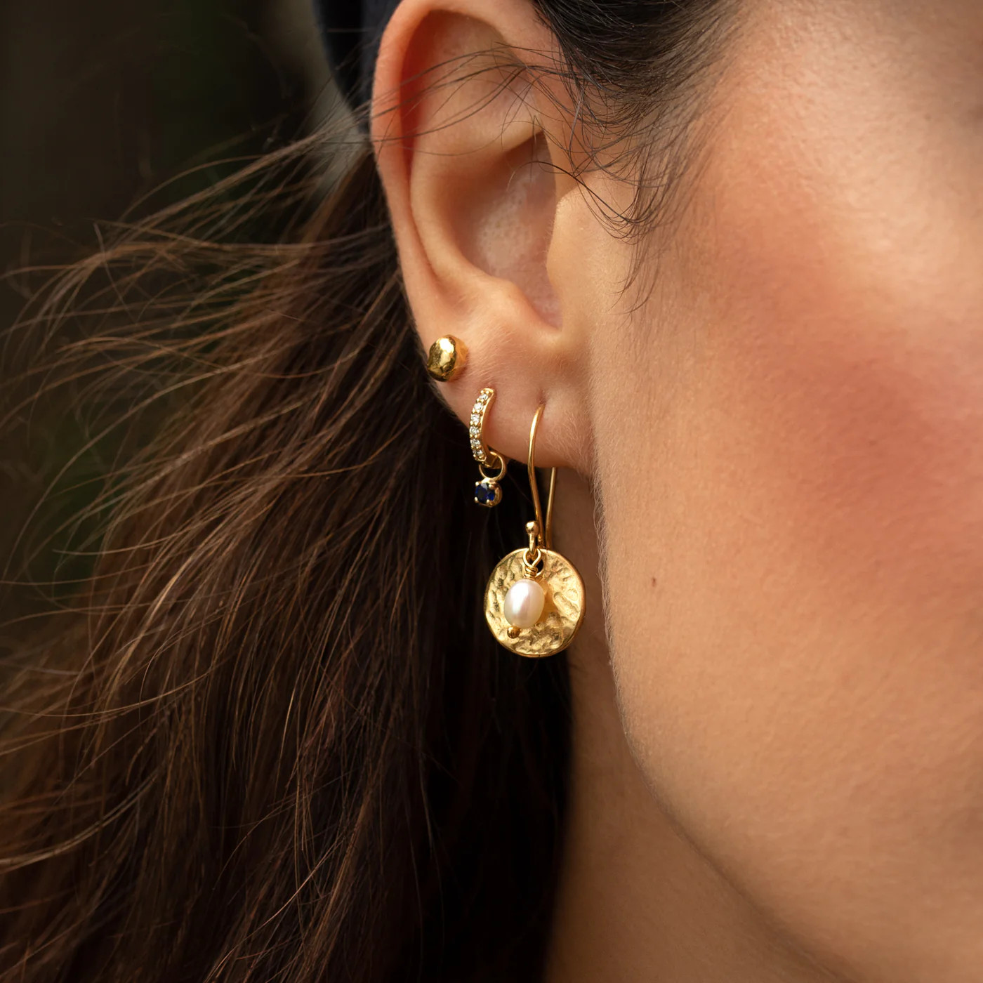Hammered Disc & White Freshwater Pearl Nomad Earrings | Dower & Hall