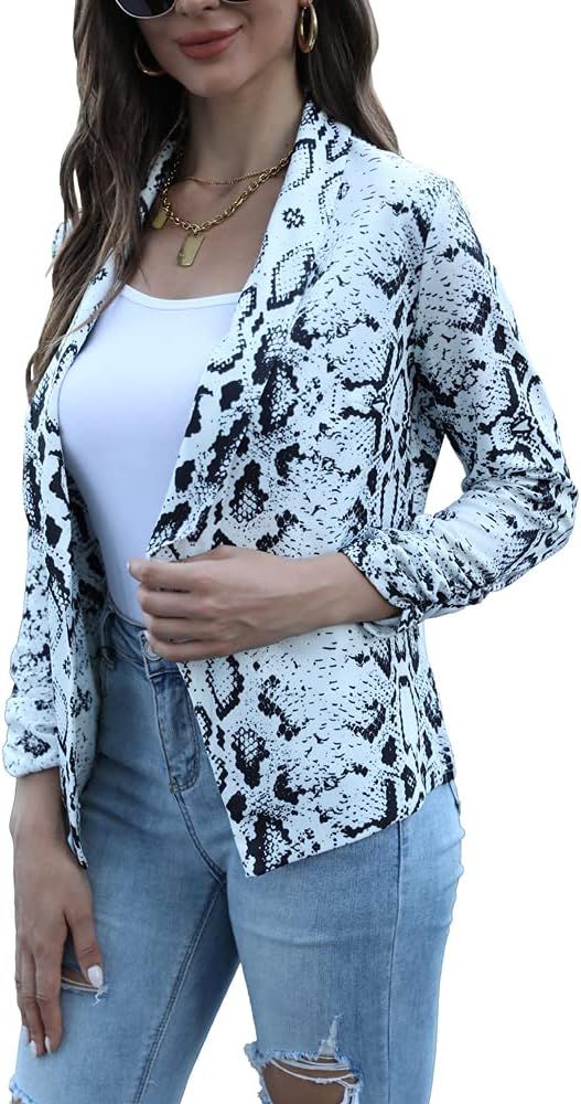 POGTMM Women 3/4 Sleeve Blazer Open Front Cardigan Jacket Work Office Blazer | Amazon (US)