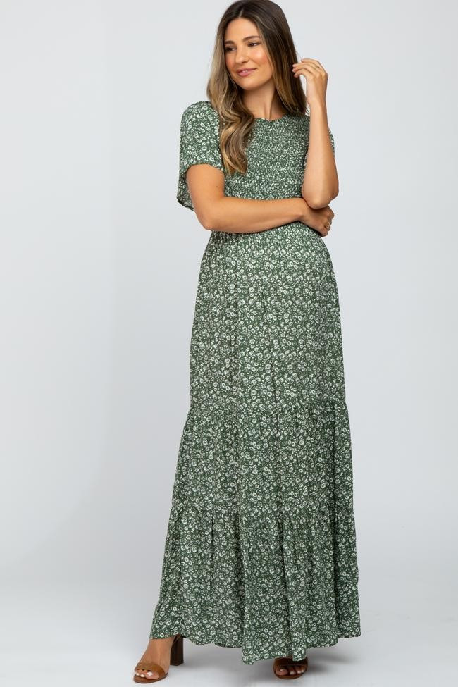 Olive Floral Smocked Front Maternity Maxi Dress | PinkBlush Maternity