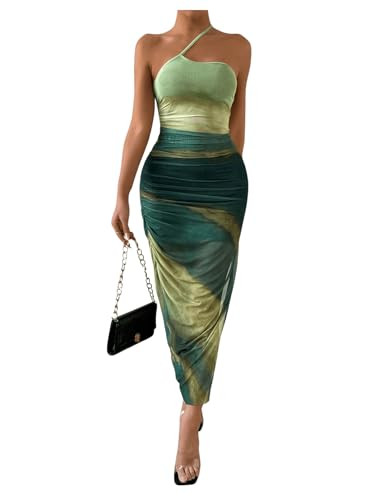 BEAUDRM Women's Tie Dye One Shoulder Sleeveless Mesh Dress Ombre Ruched Split Thigh Bodycon Dresses Green Medium | Amazon (US)