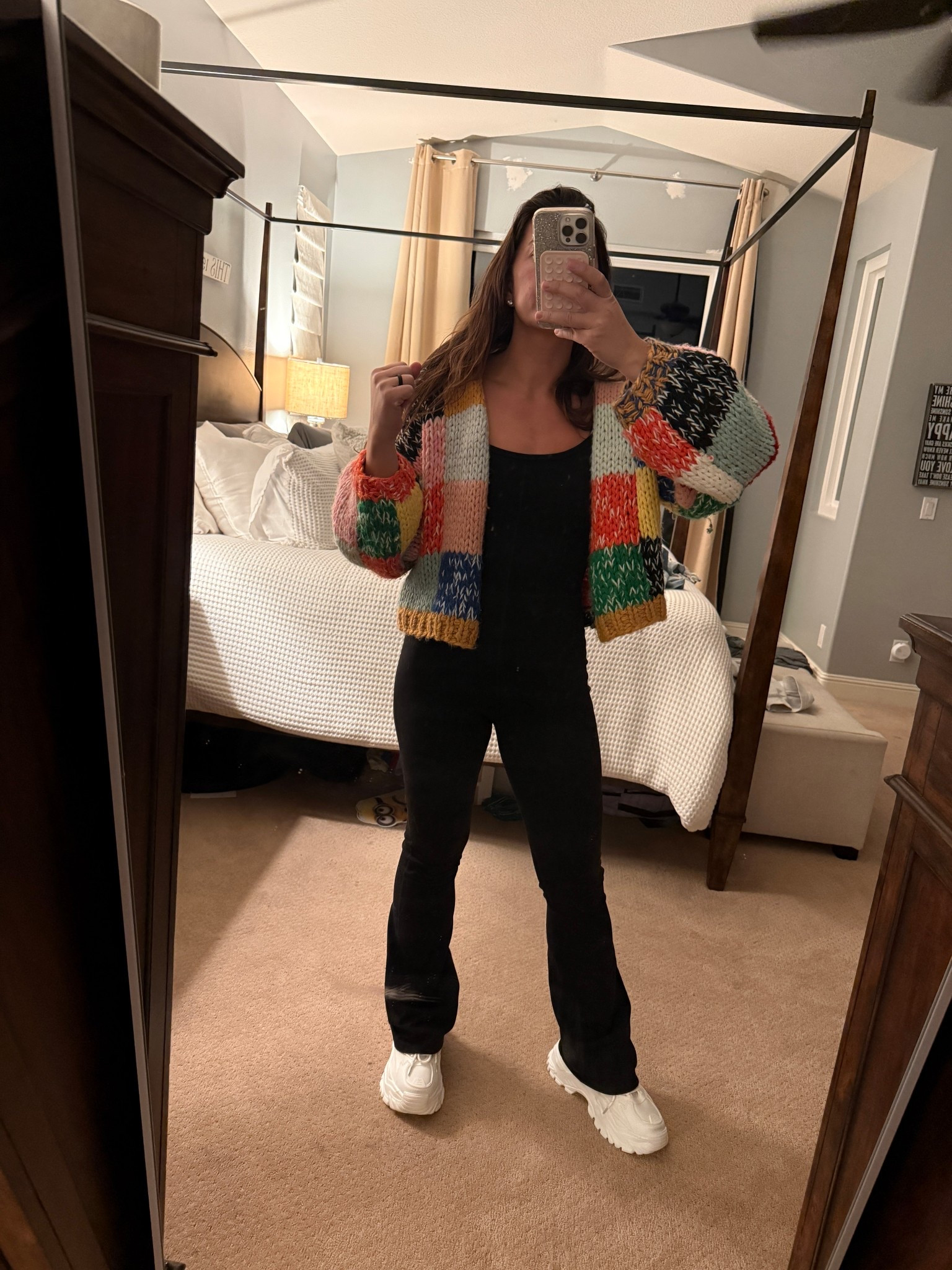 my cardigan is old but i love it so much. nothing better than a chunky colorful sweater. love this one piece jumpsuit to layer. and of course my k pop platform shoes from amazon  

#LTKmomlife #LTKHoliday #LTKootd