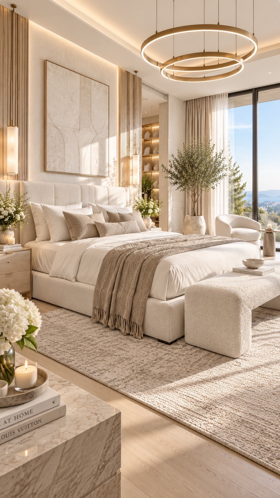 Shop This Room — link below. Recreate this warm neutral bedroom with a soft upholstered bed, layered ivory and taupe bedding, a sculptural end-of-bed bench and elegant circular statement lighting. Warm wood details, floor-to-ceiling windows, soft ambient lighting and organic greenery create a serene designer bedroom with an elevated quiet-luxury feel.

#BedroomInspo #LuxuryBedroom #ModernBedroom #BedroomDecor #NeutralBedroom #WarmModern #QuietLuxury #LuxuryInteriors #OrganicModern #HotelInspiredBedroom #InteriorDesign #HomeDecor #LuxuryHome #BedroomIdeas #ModernHome #NeutralHome #DesignerBedroom #WarmMinimalism #InteriorInspo #HomeInspiration #LTKHome #LTKFinds #HomeFinds #BedroomFinds #LuxuryDecor