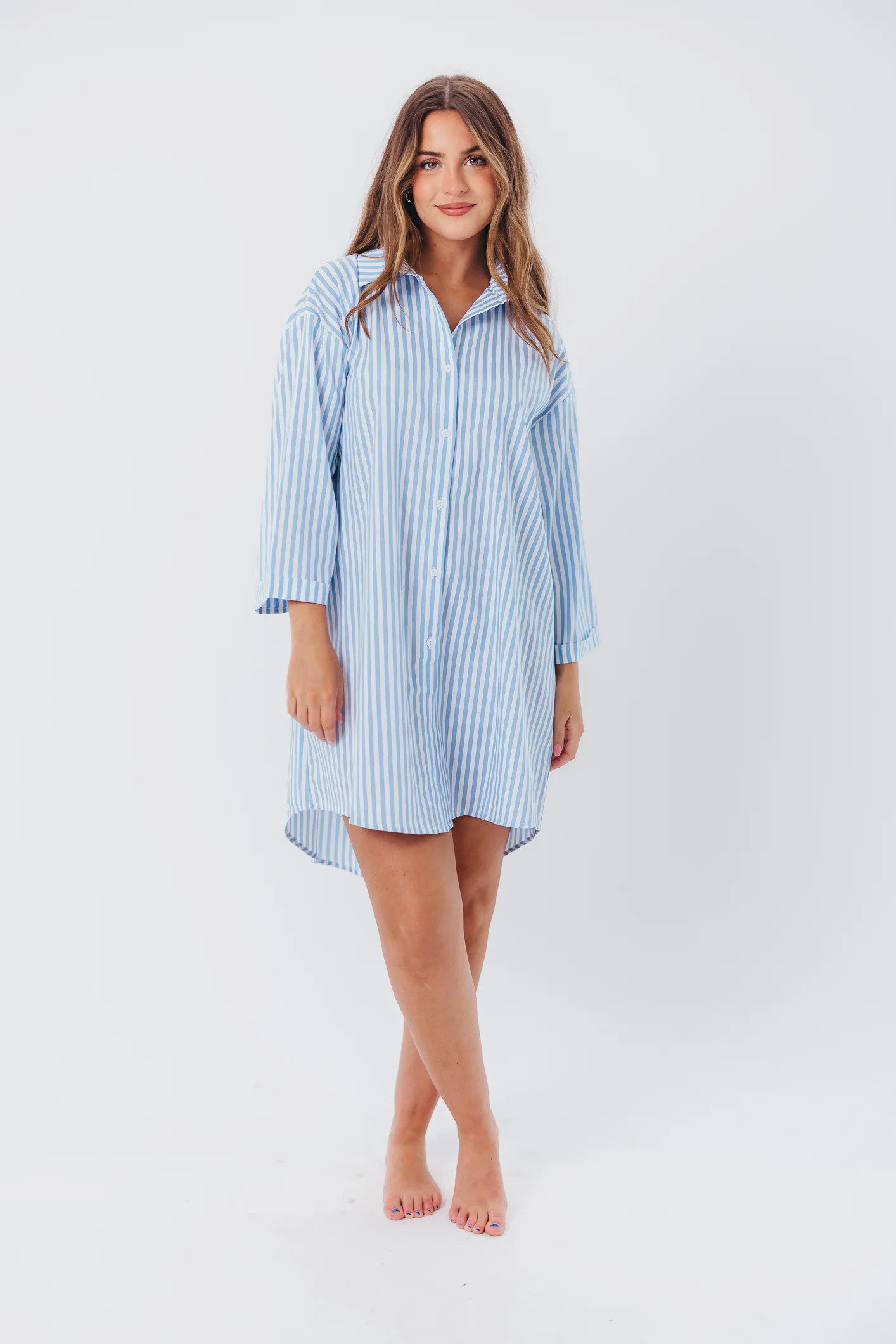 Bellamie Oversized Button-Up Shirt Dress in Sky Blue Stripe - Nursing | Worth Collective