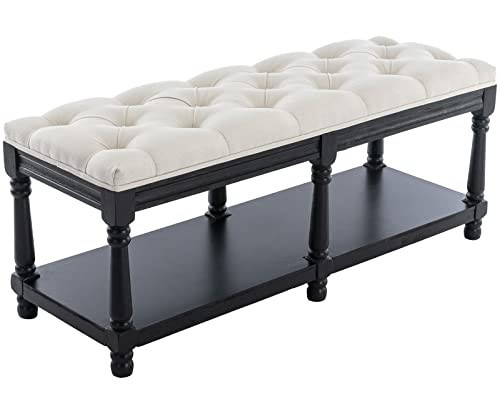 Guyou Farmhouse Storage Bench End of Bed Bench for Bedroom with Shelf 6 Foot, Fabric Upholstered Bench French Country Tufted Bench for Living Room Mudroom Black Washed Wood (Cream, 45”Lx19”Hx15.8”W) | Amazon (US)