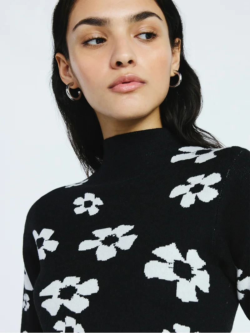 Scoop Women's Jacquard Floral Sweater Mini Dress with Short Sleeves, Sizes XS-XXL | Walmart (US)