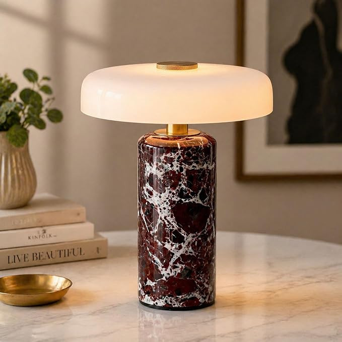 Red Cordless Marble Table Lamp with Milk Glass Shade | Mid Century Modern Rechargeable Table Lamp... | Amazon (US)