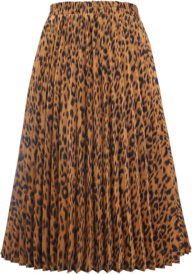 CHARTOU Womens Chic Elastic High Waisted A Line Leopard Print Pleated Shirring Midi-Long Skirt | Amazon (US)