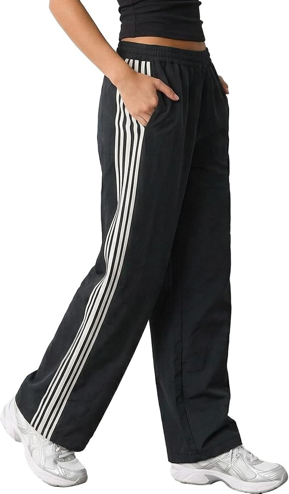 Womens Track Pants Elastic Waist Wide Leg Pants Side Striped Pant | Amazon (US)