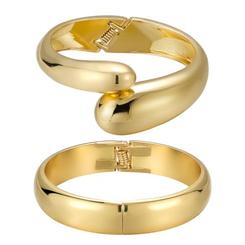 Emibele Gold Bangle Cuff Bracelet Stack, Chunky 18K Gold Plated Teardrop Hinged Thick Bangle Bracelet Set, Non Tarnish Gold Bracelets for Women, 2 Pack | Amazon (US)