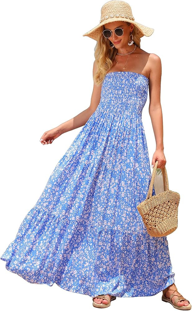 Panlido Women's Summer Boho Casual Maxi Long Dress Solid Color Strapless Party Beach Dress | Amazon (US)