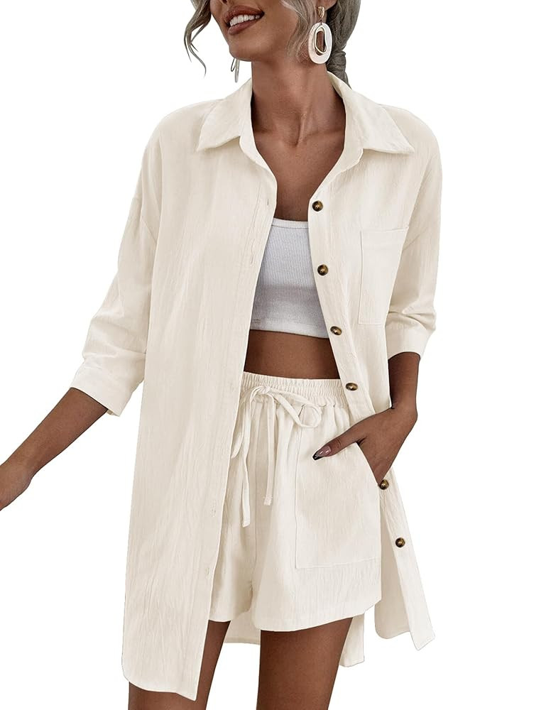 Zeagoo Women’s 2 Piece Lounge Tracksuit Outfit Sets Cotton Linen High Low Shirt and Drawstring ... | Amazon (US)