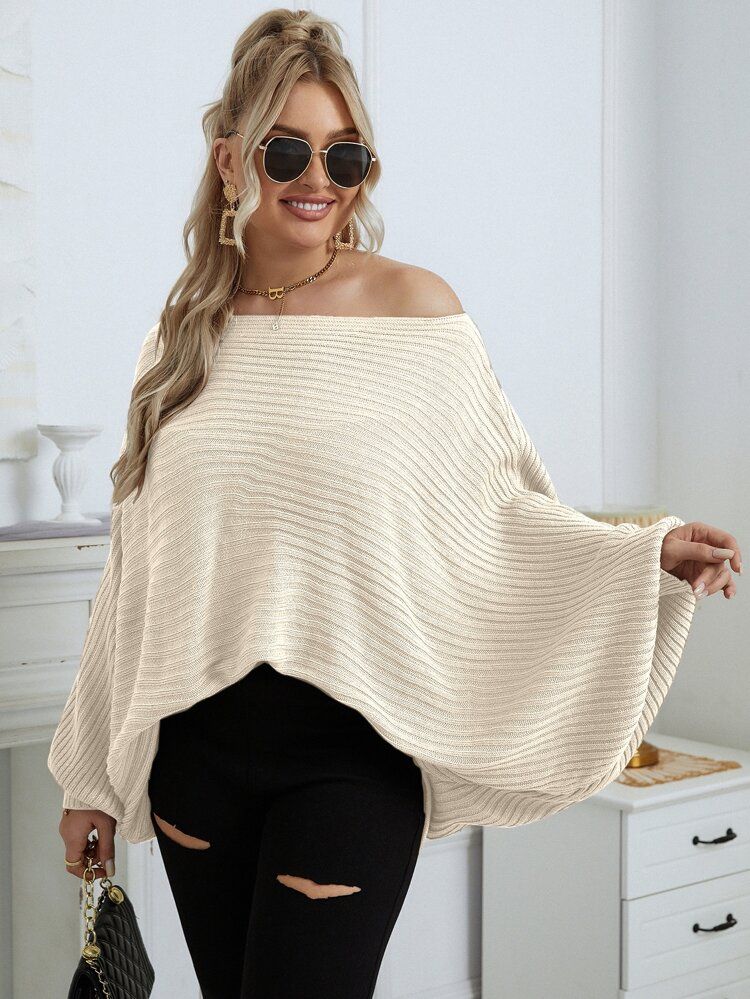 Plus Boat Neck Dolman Sleeve Ribbed Knit Sweater | SHEIN